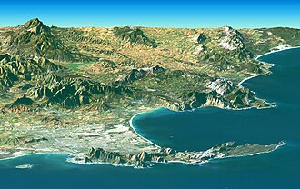 Landsat Image over SRTM Elevation by NASA, showing the Cape Peninsula and Cape of Good Hope, South Africa in the foreground.