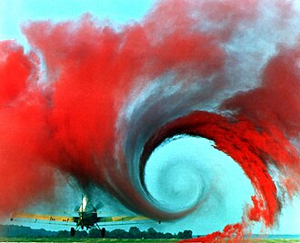 A NASA wake turbulence study at Wallops Island is portrayed, 1990. A vortex is created by passage of an aircraft wing, revealed by smoke. Vortices are one of the many phenomena associated with the study of aerodynamics.