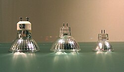 Left to right: MR16 with GU10 base, MR16 with GU5.3 base, MR11 with GU4 or GZ4 base