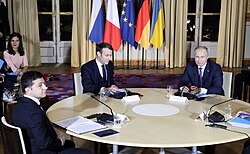 Zelenskyy with Macron and Putin during a Normandy Format meeting, December 2019