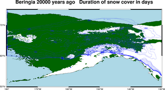 Duration of snow cover in days, East Beringia, 20000 years ago. Chelsa Trace 21ka variable bio/scd 200.