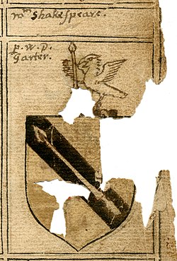 Shakespeare's coat of arms, from the 1602 book The book of coates and creasts. Promptuarium armorum. It features spears as a pun on the family name.[d]