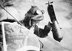 RNAS officer dropping a bomb from a SSZ class airship during the First World War.
