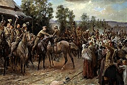 The Relief of Ladysmith. Sir George Stuart White greets Major Hubert Gough on 28 February. Painting by John Henry Frederick Bacon (1868–1914).