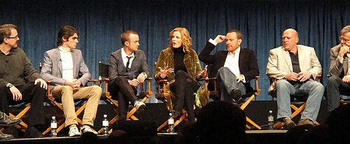 Breaking Bad cast and crew (left to right): creator Vince Gilligan, RJ Mitte (Walter White Jr.), Aaron Paul (Jesse Pinkman), Anna Gunn (Skyler White), Bryan Cranston (Walter White), Dean Norris (Hank Schrader), and producer Mark Johnson