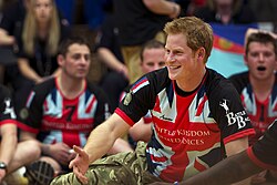 Harry competing in an exhibition sitting volleyball match between the UK and the US teams during the Warrior Games, 2013