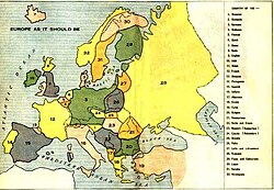 Louis P. Bénézet's map of "Europe As It Should Be" (1918), depicting imagined nations based on ethnic and linguistic criteria. It blamed German aggression on perceived threats to the traditional social order from radicals and ethnic nationalists.