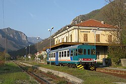 Tourist train in transit on the Ceva–Ormea railway in Italy