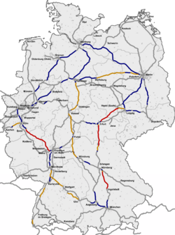 The InterCityExpress (ICE) network map in Germany (maximum speed limit): New lines, 300 km/h (186 mph) New and upgraded lines, 250–280 km/h (155–174 mph) Upgraded lines, 200–230 km/h (125–143 mph) Conventional lines (selected), 160 km/h (100 mph)