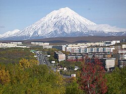 Koryaksky volcano towering over Petropavlovsk-Kamchatsky on Kamchatka Peninsula, Far Eastern Russia