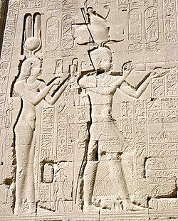 The Greek Ptolemaic queen Cleopatra and her son by Julius Caesar, Caesarion, at the Dendera Temple complex.