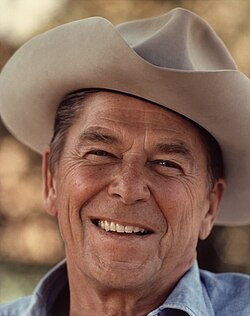 Ronald Reagan with a cowboy hat at Rancho Del Cielo, 1976.