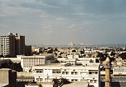 A view of Doha in the 1980s showing the Sheraton Hotel (pyramid-like building in the background) in West Bay without any of the high-rises around it