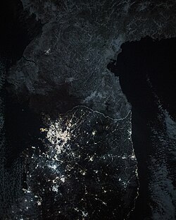 Satellite image of the Korean Peninsula demonstrating the differences in light pollution between the two Koreas, 2024