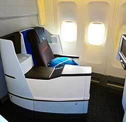 A World Business Class seat on board a former refurbished KLM Boeing 747-400