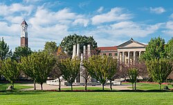 Purdue Mall, showing the Engineering Fountain, Purdue Bell Tower, and Hovde Hall