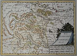 Topographic map of Bukovina, also with settlement place names, as depicted in 1791.