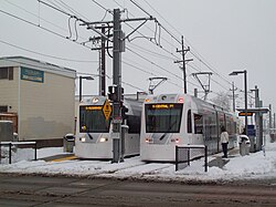 S Line trains in South Salt Lake (as viewed from Sugar House, December 2013)