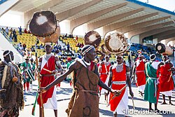 Burundian drummers wearing the traditional attire with drums