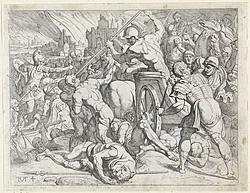 Odysseus and his soldiers fighting the Cicones —allies of the Trojans— during the sacking of their city. After seizing goods and women, Odysseus is driven back by allies of the Cicones.