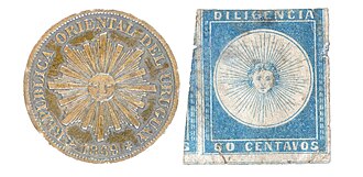 The Sun of May as seen in an Uruguayan peso coin of 1869 (left) and in the first Uruguayan postage stamp of 1856 (right).