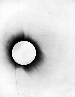 A disproof of Euclidean geometry as a description of physical space. In a 1919 test of the general theory of relativity, stars (marked with short horizontal lines) were photographed during a solar eclipse. The rays of starlight were bent by the Sun's gravity on their way to Earth. This is interpreted as evidence in favor of Einstein's prediction that gravity would cause deviations from Euclidean geometry.