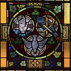 An artistic depiction of the Trinity, with the hand representing the Father, the Chi Rho and ichthys representing the Son, and the dove representing the Holy Spirit