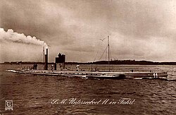 The German submarine U-11, showing the kerosene vapour trail.