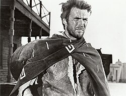 Clint Eastwood as the ambiguously named protagonist of the Dollars Trilogy (marketed as "the Man with No Name") in a publicity image of A Fistful of Dollars, a film by Sergio Leone