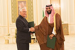 Former CEO Rex Tillerson as Secretary of State, with Saudi Crown Prince Mohammed bin Salman, May 2017