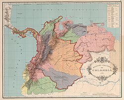 Map of the former Gran Colombia in 1824 (named in its time as Colombia), the Gran Colombia covered all the colored region