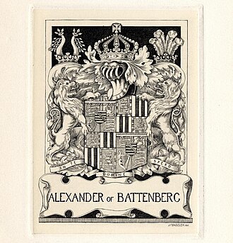 Bookplate by Henry Badeley showing the coat of arms used by Alexander as member of Battenberg family (until 1917)