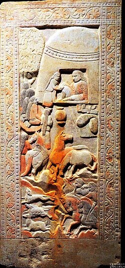 Funerary depiction of long-haired Göktürks in the Kazakh Steppe. Miho funerary couch, c. 570 CE.[45]
