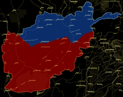 The military situation of the Afghan Civil War in 1996 between the Taliban (red) and the Northern Alliance (blue)