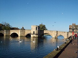 The bridge from The Quay showing the six spans and the chapel