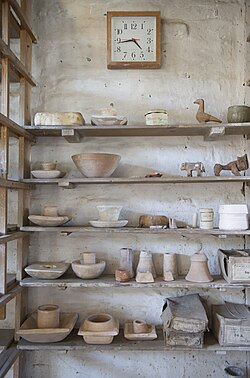 A shelf in the Leach Pottery museum and gallery, St Ives, Cornwall