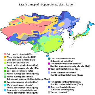 East Asia map of Köppen climate classification.