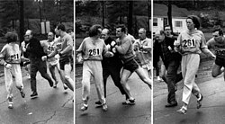 Runner Kathrine Switzer attacked by race official Jock Semple in effort to protect the race from "Contamination Rules" which prevented women from officially entering the marathon