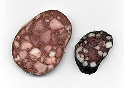 Cross-section of German Blutwurst varieties: smoked with meat (left), dried with bacon (right)