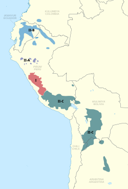 The four branches of Quechua: I (Central), II-A (North Peruvian), II-B (Northern), II-C (Southern)