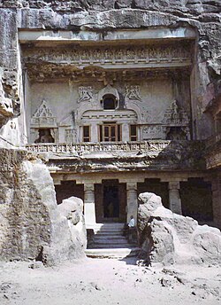 Only Chaitya hall of Ellora (Cave 10) with portico, balcony and horseshoe-shaped window