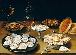 Dishes with Oysters, Fruit, and Wine, a 1620s painting by Osias Beert[34]