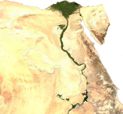 Green irrigated land along the Nile amidst the desert and in the Nile Delta