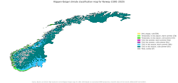 Köppen climate classification types of Norway 1991–2020 (0C/32F isotherm for coldest month dividing C and D climates).
