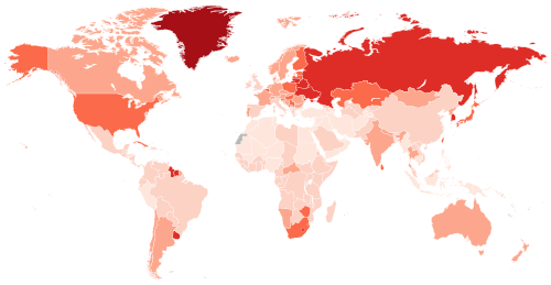 A map of global suicide rates, age-standardized per 100,000 population, 2021. Please note that in some countries and territories, suicide rates appear high because they have populations of fewer than 100,000 people, which causes distortions in the rates. >30 20–30 15–20 10–15 5–10 0–5 Data unavailable