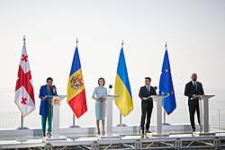 President of Georgia Salome Zourabichvili, President of Moldova Maia Sandu, President of Ukraine Volodymyr Zelensky and President of the European Council Charles Michel during the 2021 Batumi International Conference. In 2014, the EU signed Association Agreements with all three states.