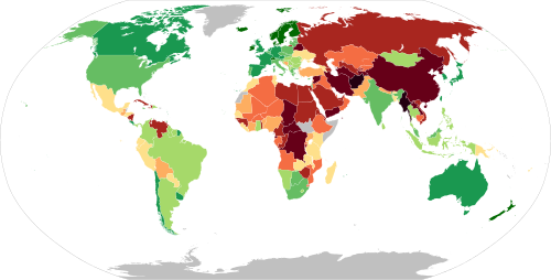 The Economist Intelligence Unit Democracy index map for 2022, with greener colours representing more democratic countries