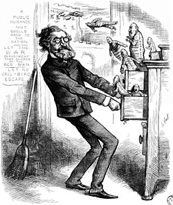 A political cartoon from Harper's Weekly, 26 January 1878, depicting U.S. Secretary of the Interior Carl Schurz investigating the Indian Bureau at the U.S. Department of the Interior. The original caption for the cartoon is: "THE SECRETARY OF THE INTERIOR INVESTIGATING THE INDIAN BUREAU. GIVE HIM HIS DUE, AND GIVE THEM THEIR DUES."