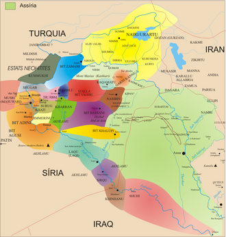 Assyria (green), Urartu (yellow) and eastern Aramean states (various other shades) in the 9th century BC