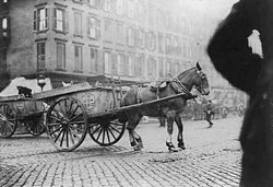 A strikebreaking driver and cart being stoned during sanitation worker strike. New York City, 1911.